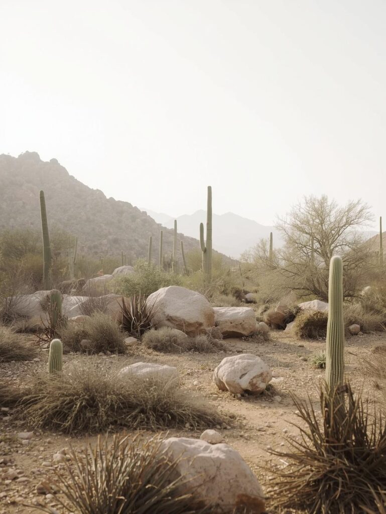 Illustrative desert landscape with saguaro cacti, boulders, and hazy mountains.
