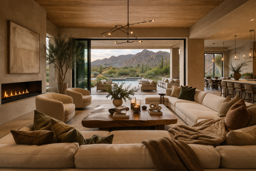 Illustration of a warm living room opening to a covered terrace and mountain views.