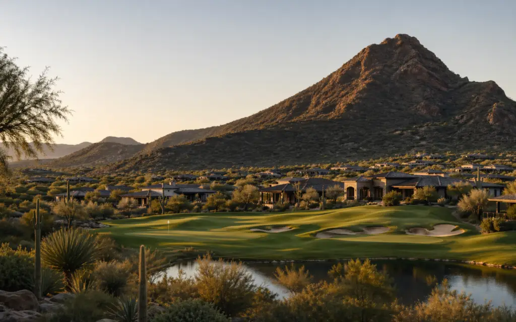 Golf fairway and water beneath a rocky desert mountain.
