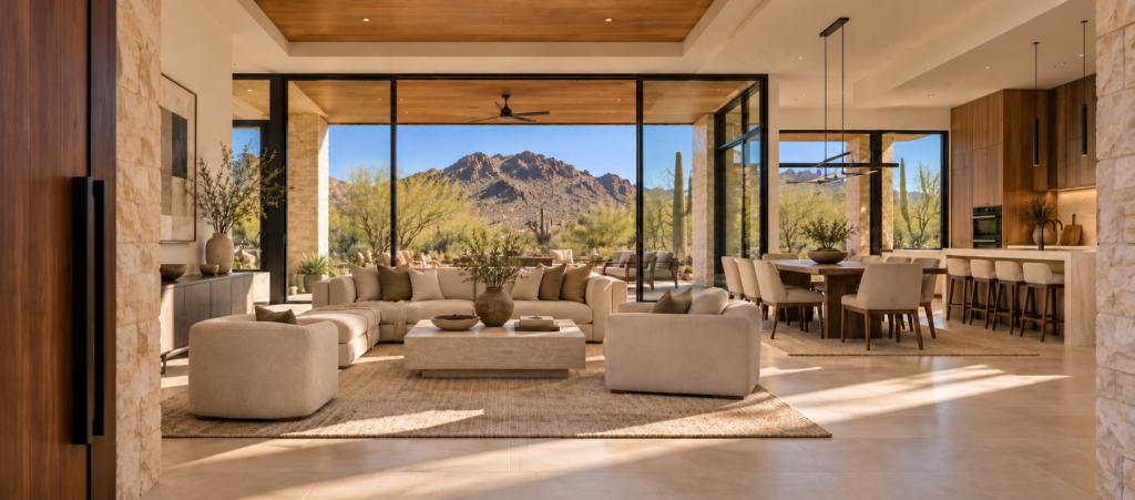 Living room opening onto a terrace with desert and mountain views.