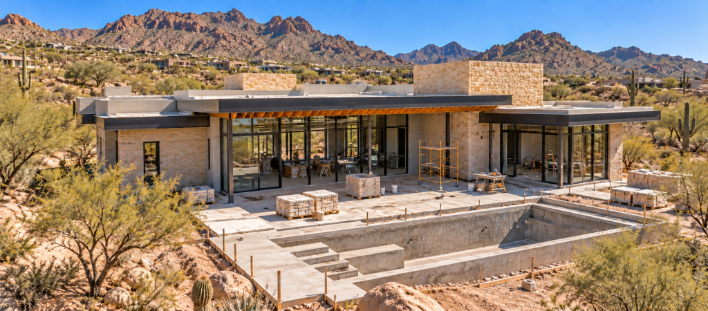 Contemporary custom home under construction beside rocky desert terrain.
