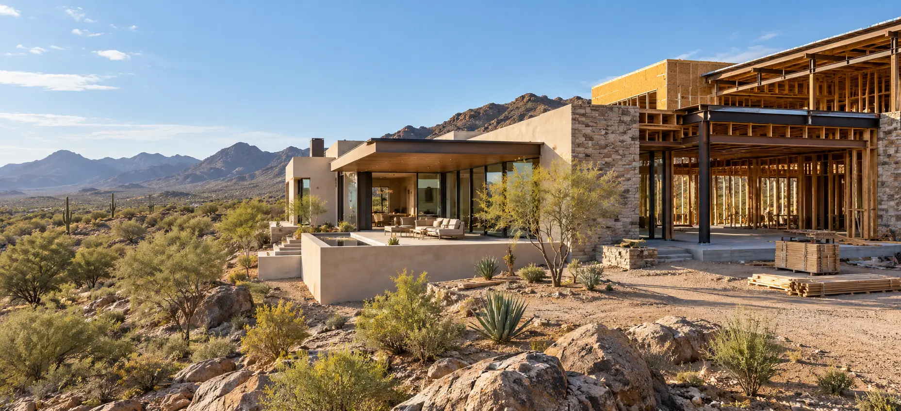 Custom home under construction in a rocky desert setting.