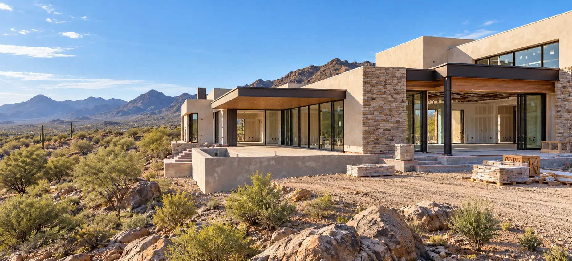 Illustration of a modern desert home under construction, with stone walls and a mountain backdrop.