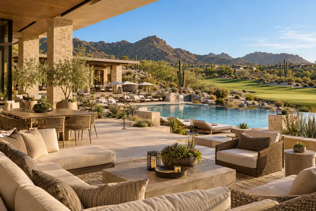 Covered outdoor seating overlooking water and desert mountains.