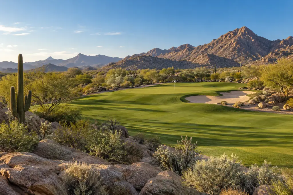 Golf fairway and sand bunkers framed by desert mountains.