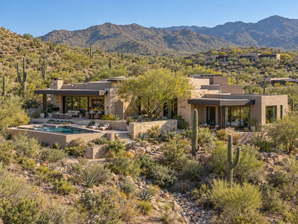 Modern desert home with a pool and mountain views.