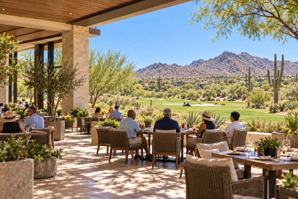 People seated on a shaded terrace overlooking desert landscaping and mountains.