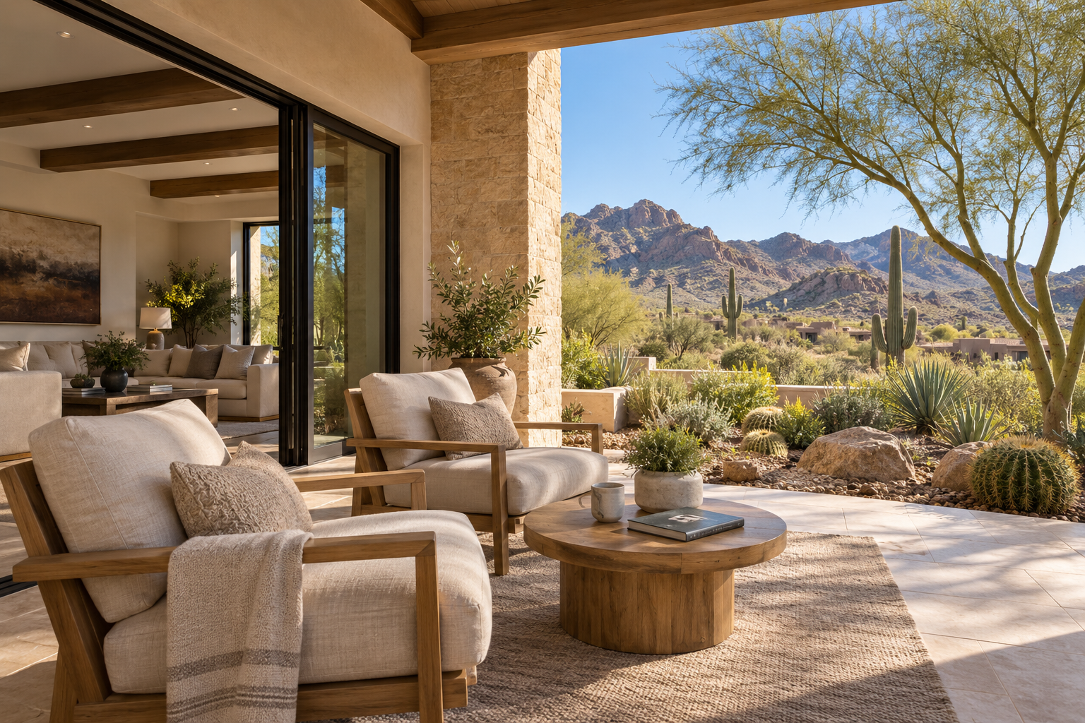 Illustration of a shaded terrace with upholstered seating and desert mountain views.