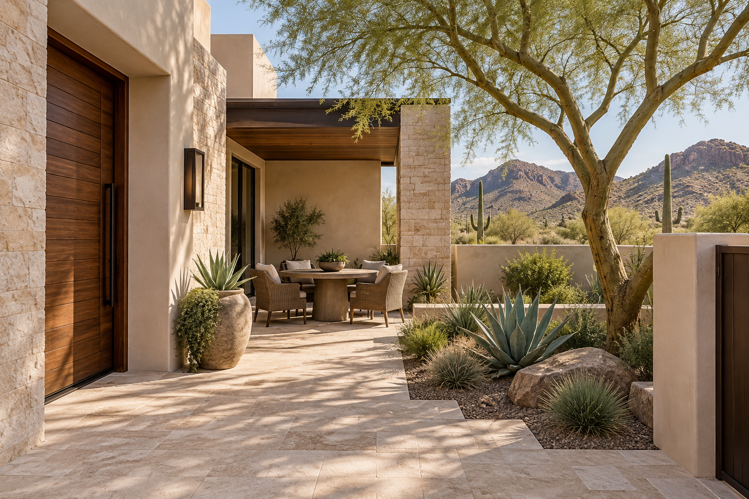 Illustration of a shaded desert-home courtyard with simple planting and a sheltered seating area.
