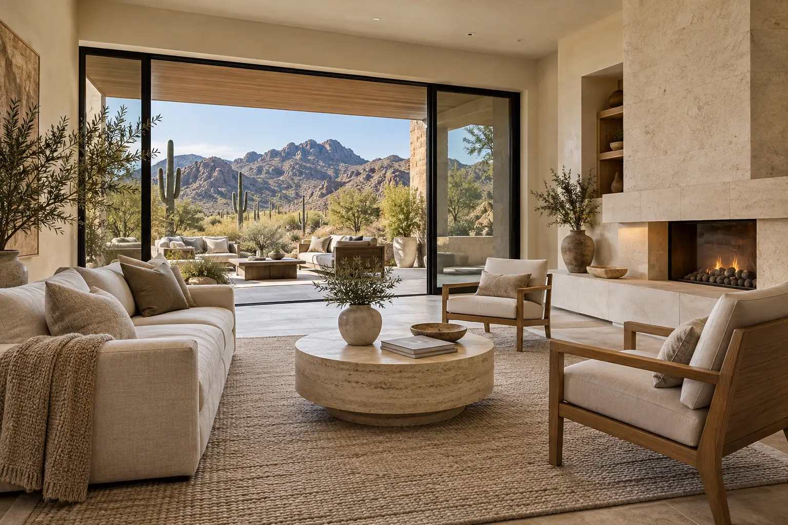 Illustration of a softly furnished living room with stone finishes and a mountain-facing terrace.