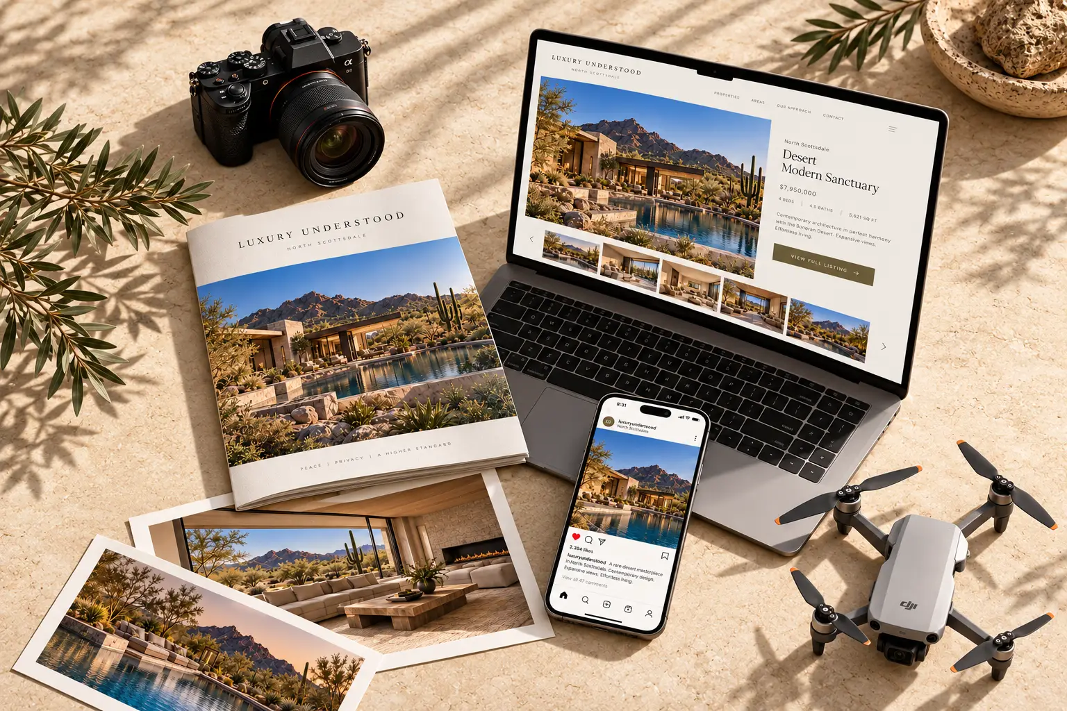 Illustrative real estate marketing materials: a camera, brochure, laptop, phone, drone, and printed home photographs.