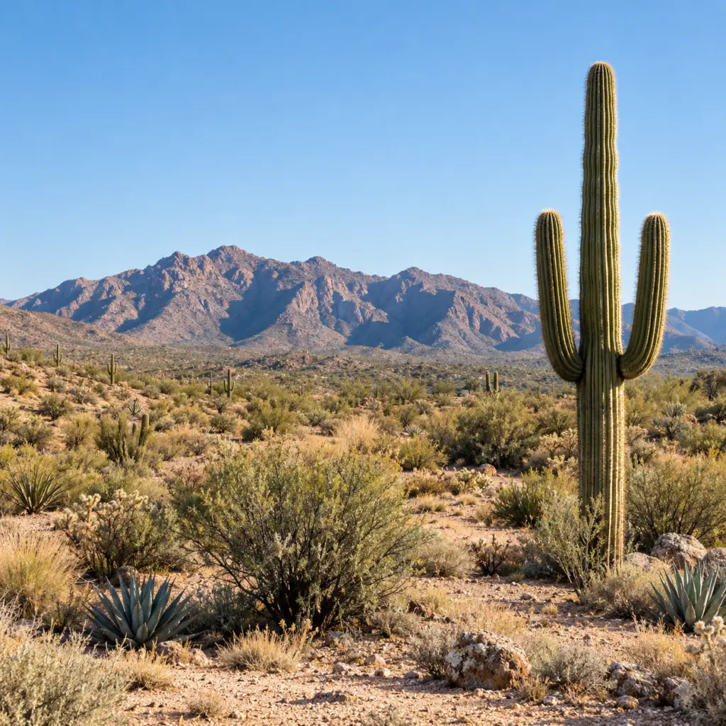 Illustrative saguaro landscape with open desert terrain and mountains.
