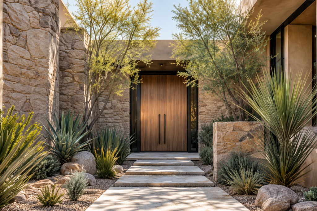 Illustration of a stone-lined home entrance with a wooden door and desert planting.