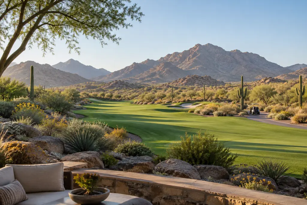 Illustration of a golf fairway framed by desert planting and rocky mountains.