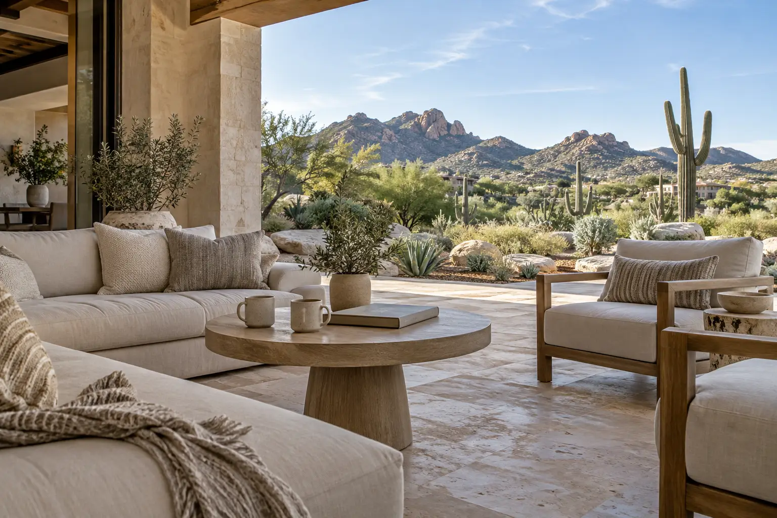 Illustration of a covered terrace overlooking a saguaro landscape and rocky mountains.
