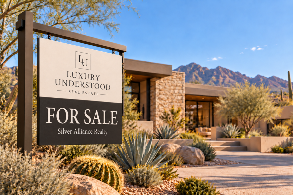 Illustration of a modern desert home and a Luxury Understood for-sale sign; not an actual listing.