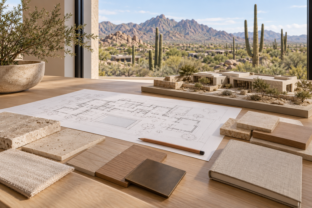 Illustration of house plans and natural material samples on a desert-view terrace.