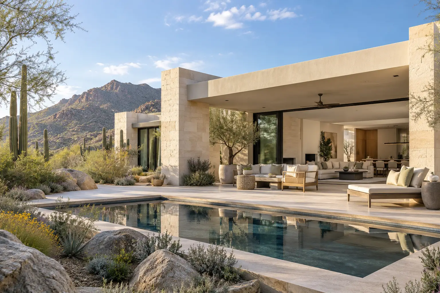 Illustration of a contemporary desert home with a pool and sheltered outdoor seating.