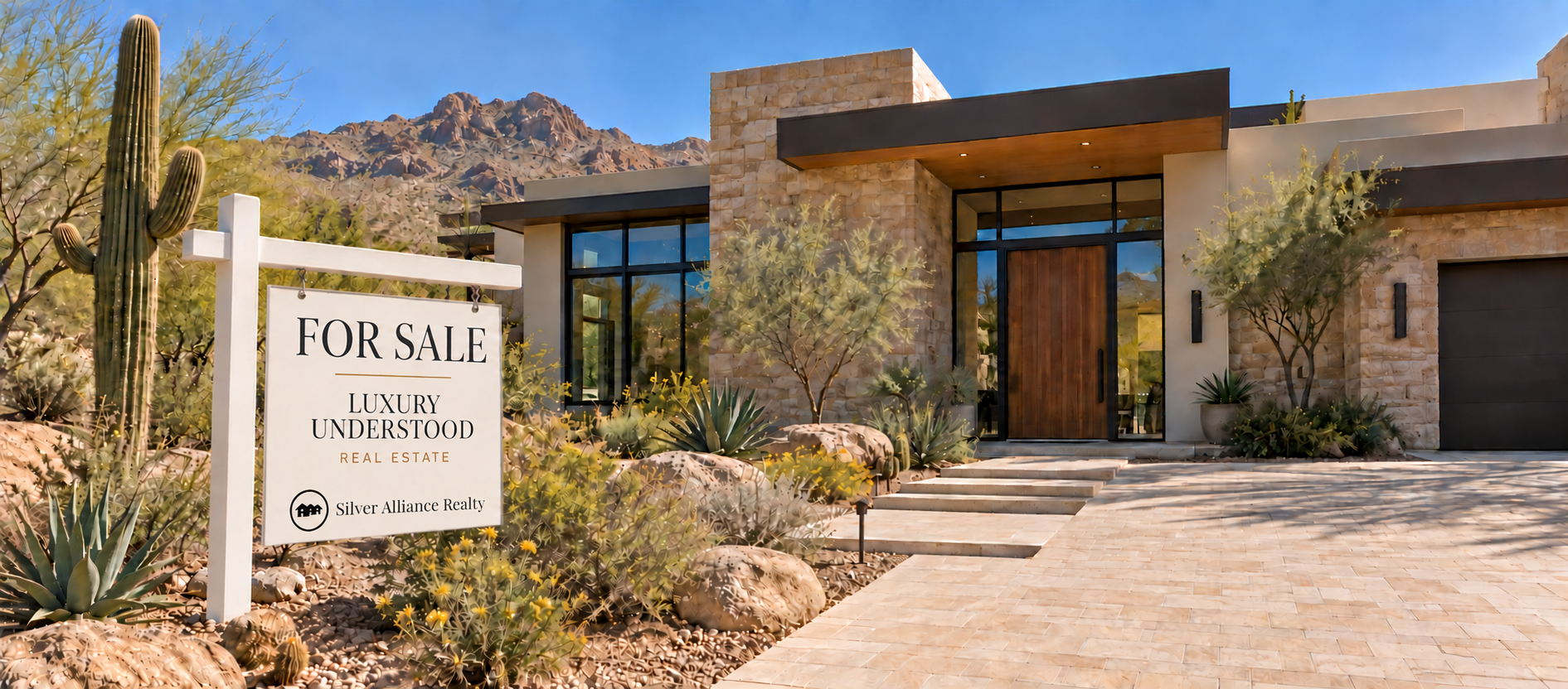 Luxury Understood for sale sign outside a modern desert home with stone walls and native landscaping.